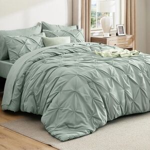 Bedsure Queen Comforter Set Sage Green - Bed in a Bag 7 Piece - Pinch Pleat